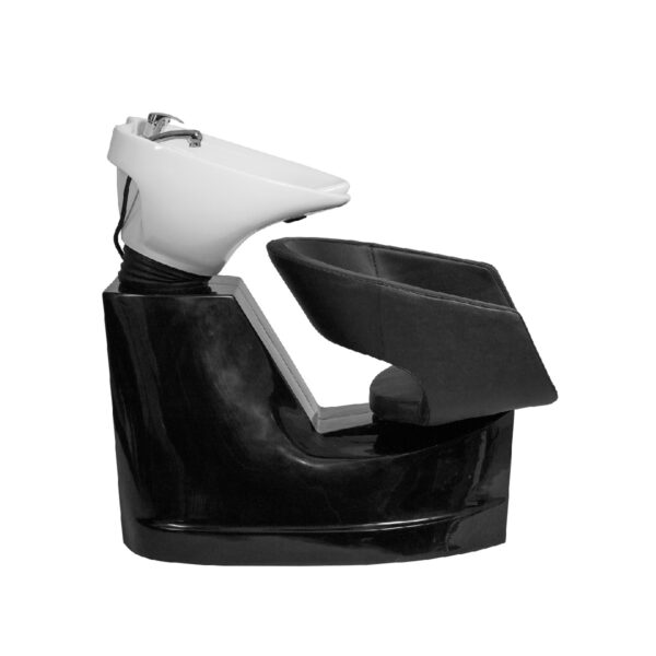 Vista laterale della poltrona lavatesta modello ROLLS in nero con lavandino bianco in ceramica: