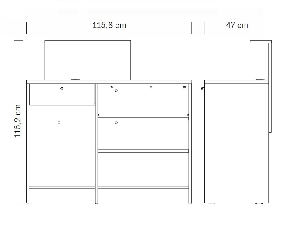 Disegno tecnico con le misure del Banco Reception VISTA WHITE