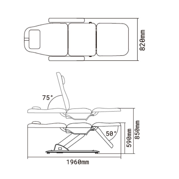 Disegno tecnico della poltrona elettrica LARIM con misure e inclinazioni.