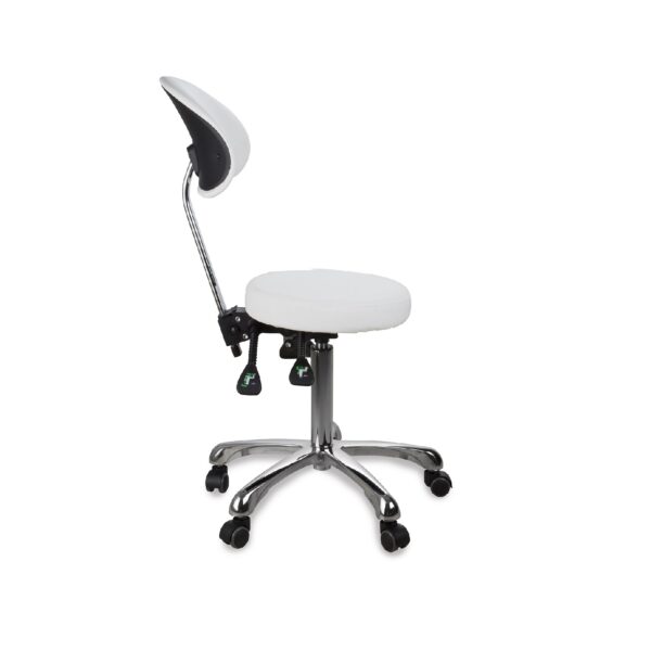 Sgabello ergonomico ZIN BACK bianco con base cromata e schienale regolabile.