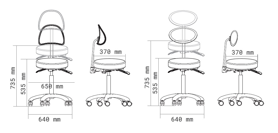 Sgabello ZIN BACK disegno tecnico con le varie regolazioni 