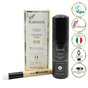 Kit vegano schiuma detergente e pennello per ciglia e sopracciglia, 50ml, con Pantenolo, Aloe e Olio di Mandorle