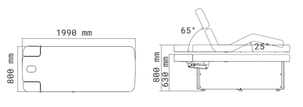 Immagine tecnica: "Disegno tecnico del lettino HEMA con dimensioni e inclinazioni dello schienale e della sezione gambe"