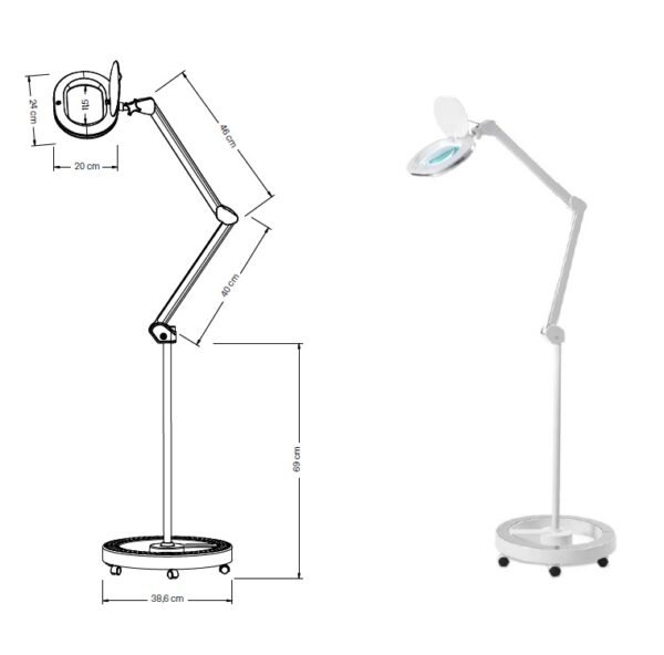 Diagramma tecnico della lampada TADA, con dimensioni e specifiche per una valutazione precisa.